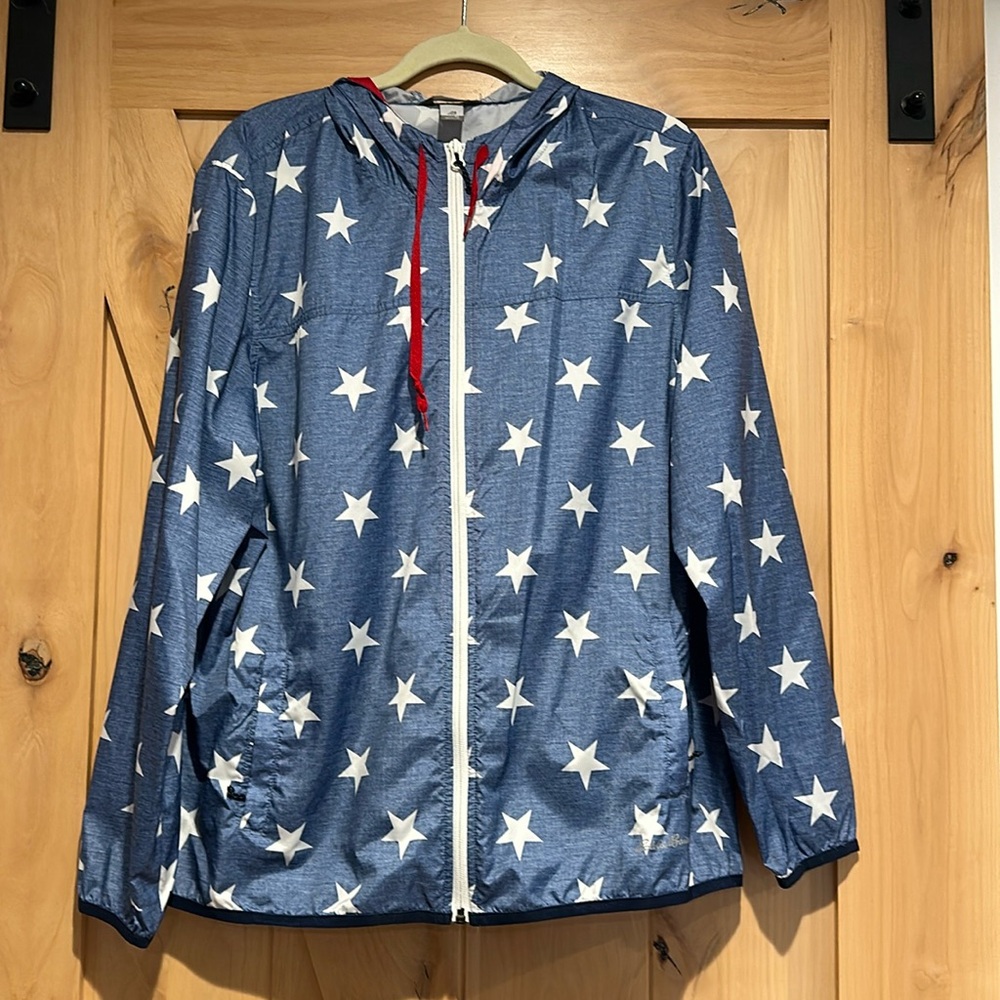 Eddie Bauer Womens Star Windbreaker Hoodie Jacket with Red Accents
